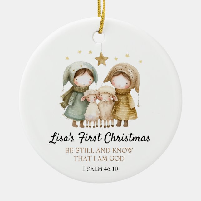 Baby's första jul Bibelvers Lamm Herde Julgransprydnad Keramik (Framsidan)