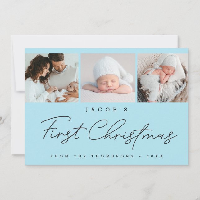 Baby's första jul Blå fotokollage Modern Julkort (Framsida)