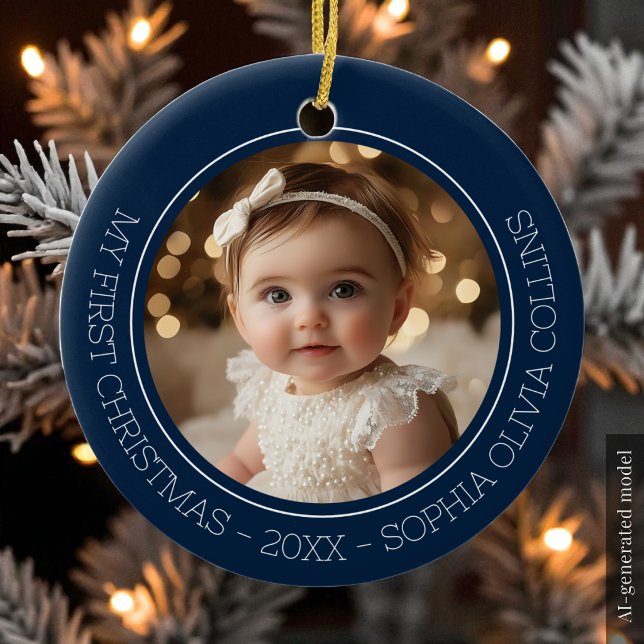 Baby's första jul Blå Modern 2 Foto Nyfödd Julgransprydnad Keramik (Baby's First Christmas Blue Modern 2 Photo Newborn Ceramic Ornament)