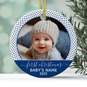 Babys Första jul - Blue White Polka dots Julgransprydnad Keramik