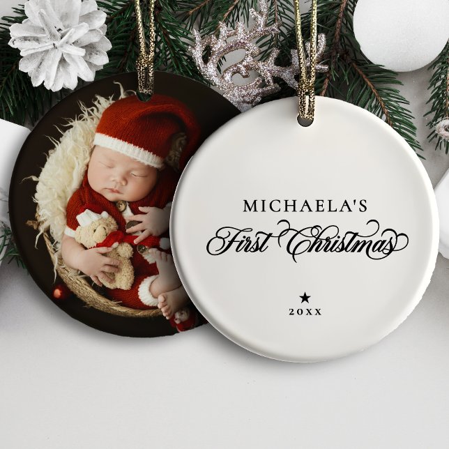Baby's första jul Elegant Script Foto Julgransprydnad Keramik (Skapare uppladdad)