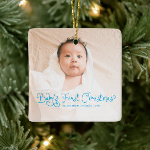 Babys första jul Foto Blå Julgransprydnad Keramik