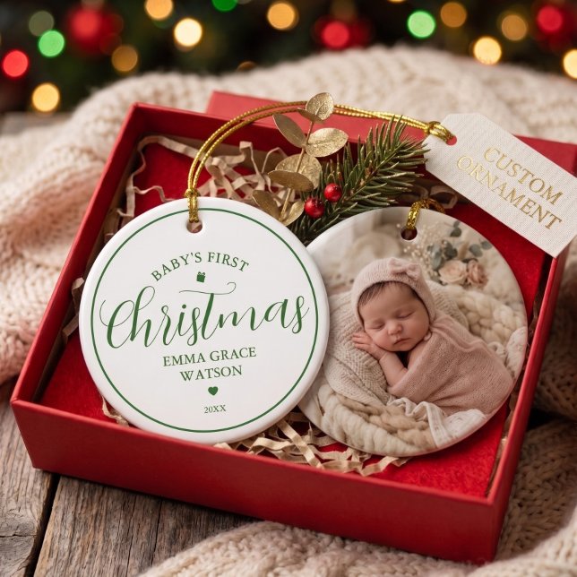 Baby's Första Jul Foto Grön Minnessaker  Julgransprydnad Keramik (Skapare uppladdad)
