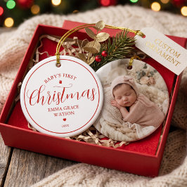 Baby's första jul foto röda minnessak julgransprydnad keramik