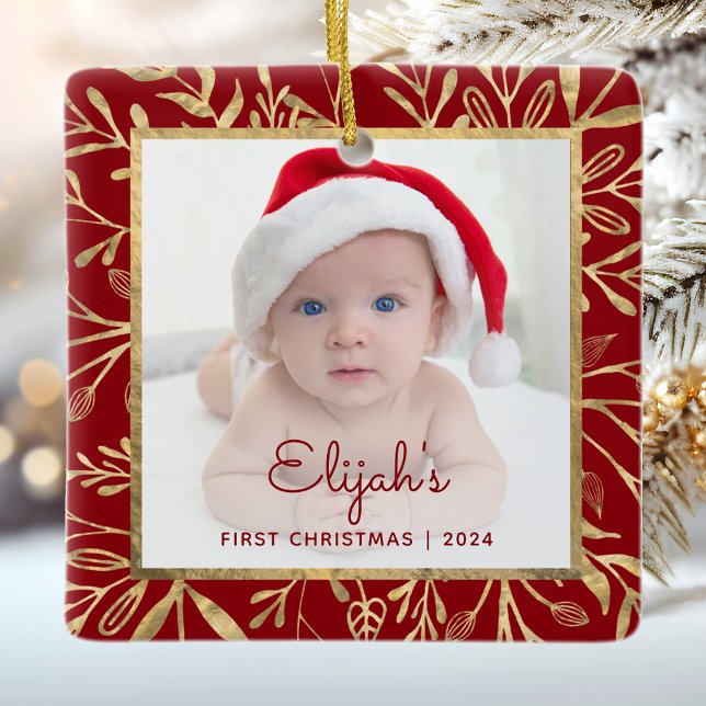 Babys första jul fotoburgunder guld bladverk julgransprydnad keramik (Skapare uppladdad)