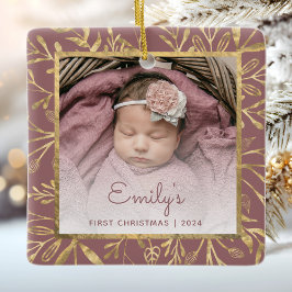 Babys första jul fotoguld blad dammig rosa julgransprydnad keramik