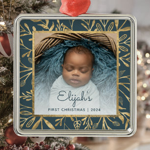 Babys första jul fotot tealblå guld bladverk julgransprydnad metall