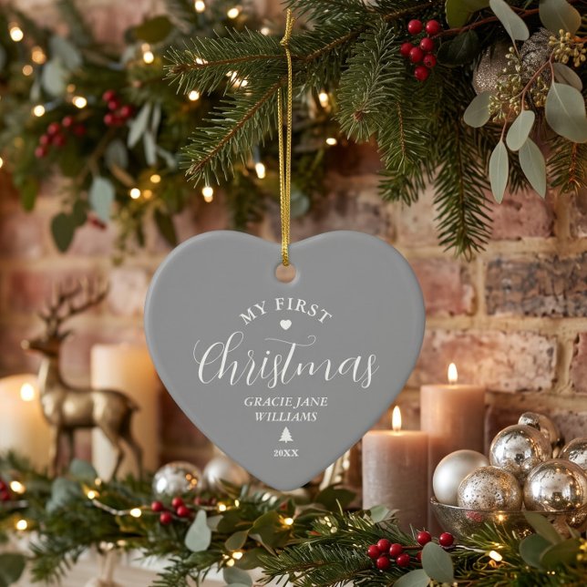 Baby's första jul Grå anpassat namn minnessaker Julgransprydnad Keramik (Skapare uppladdad)