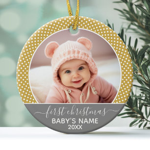Babys Första jul - grått gult-punkter Julgransprydnad Keramik