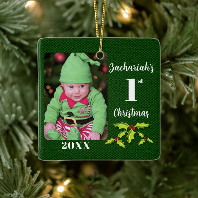Babys första jul grön falsk tyg minnessaker julgransprydnad keramik (Träd)
