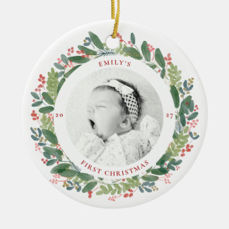 Baby's första jul i akvarell julgransprydnad keramik