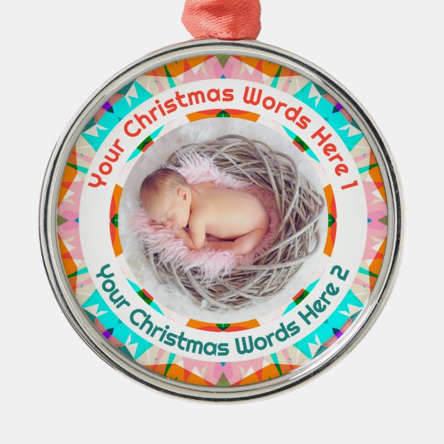 Babys första jul orange blå rosa foto present julgransprydnad metall (Framsidan)