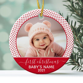 Babys Första jul - röd vit Polka dots Julgransprydnad Keramik