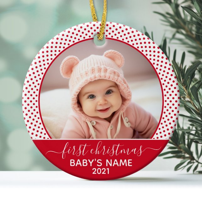 Babys Första jul - röd vit Polka dots Julgransprydnad Keramik (Personalized Photo Ornament - Baby's First Christmas)
