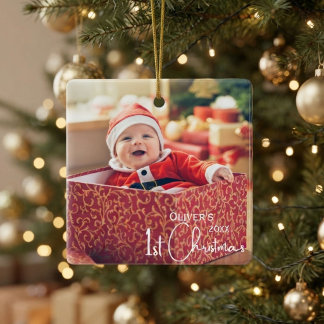 Babys första jul röda guld tomte fotodekor julgransprydnad keramik