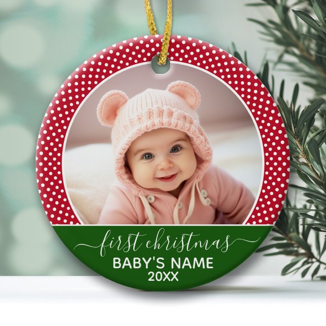 Babys första jul - röda prickar julgransprydnad keramik (Baby's First Christmas Photo Ornament - Red and Green)