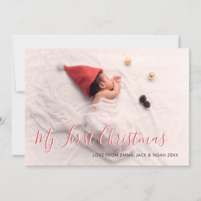 Babys Första Jul Röda Skript Familjefoto Julkort (Framsida)