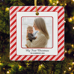 Babys Första Jul Röda Vita Randiga Foto Julgransprydnad Keramik