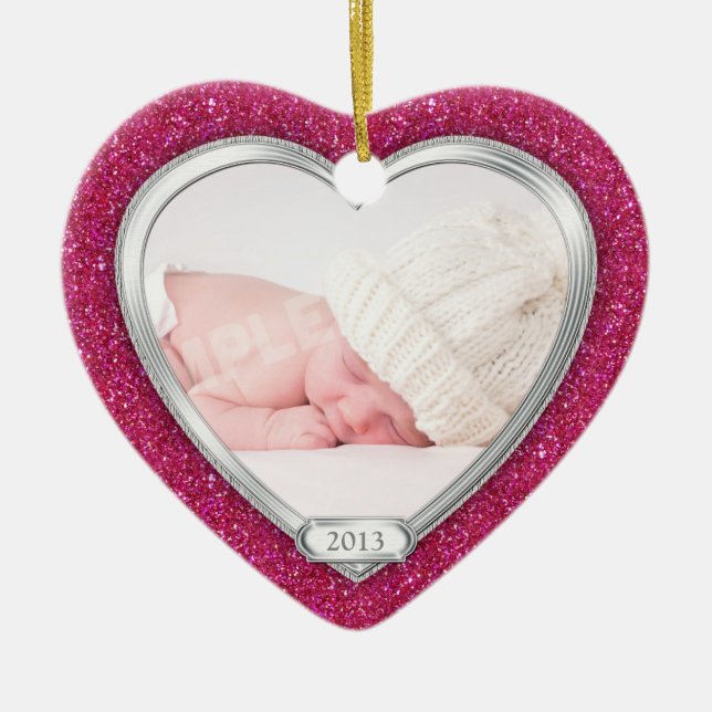 Babys Första jul Rosa Silver Photo Julafton Julgransprydnad Keramik (Framsidan)