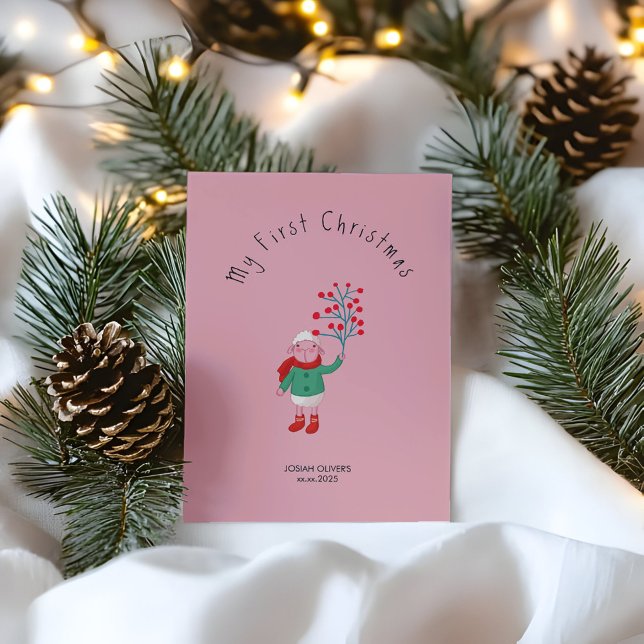 Babys första jul - Söt lammkonst på rosa Julkort (Skapare uppladdad)