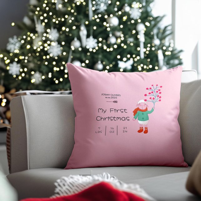Babys första jul - Söt lammkonst på rosa Kudde (Skapare uppladdad)