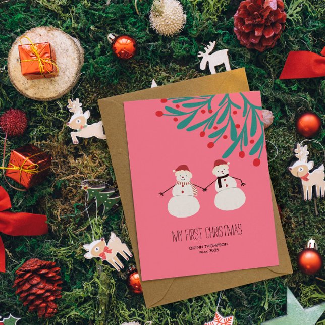 Baby's första jul - söt snömannaduo på rosa julkort (Skapare uppladdad)