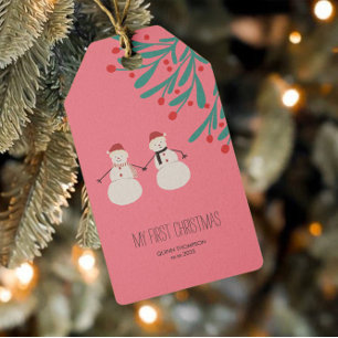 Babys första jul - söt snömannaduo på rosa presentetikett