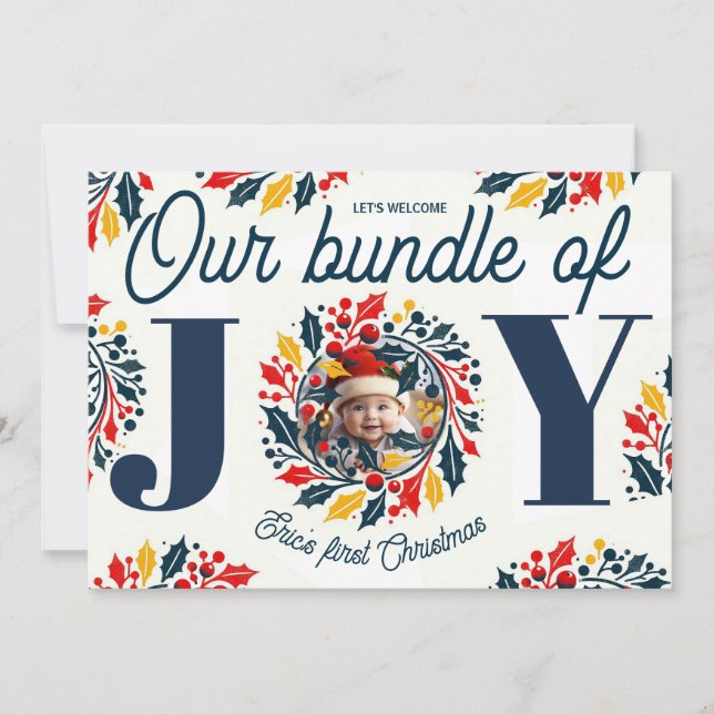 Baby's första jul Trefärgad JOY-krans Julkort (Framsida)