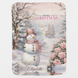 Babys Första jul-Vintagen Rosa ros, Snögubbe Bebisfilt