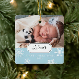 Baby's första jul vinter snöflinga ljusblå julgransprydnad keramik