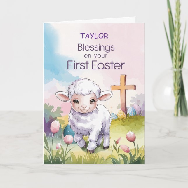 Baby's första påsk religiösa lamm och kors kort (Framsida)
