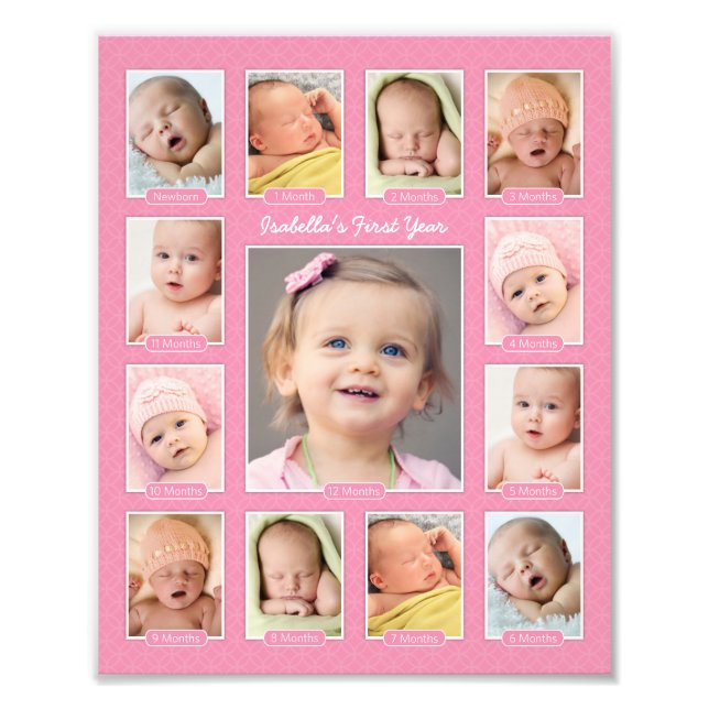 Babys första Rosa Keepsakes Photo Collage Fototryck (Framsidan)