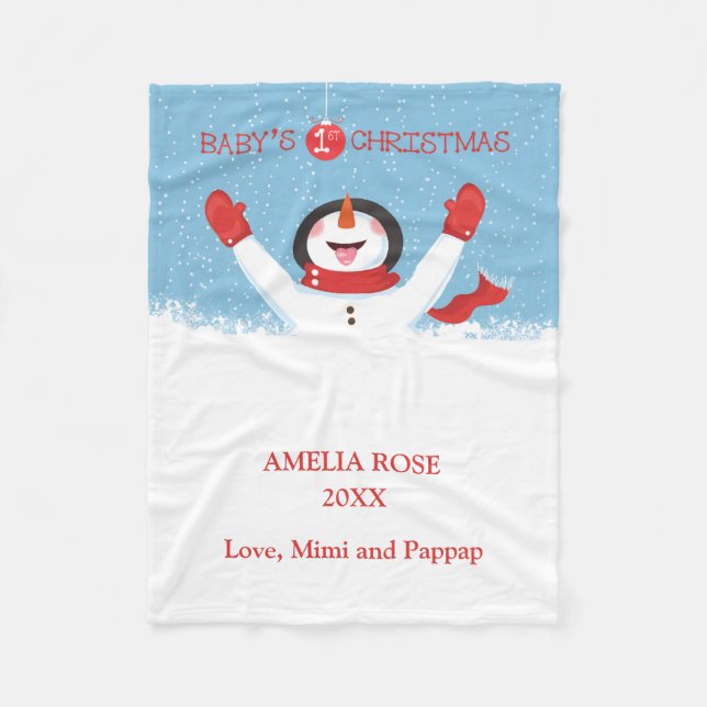 Babys Namn Första jul Snögubbe Fleecefilt (Framsidan)