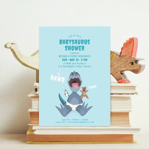 Babysaurus T-rex Blå Bebis Shower Inbjudan