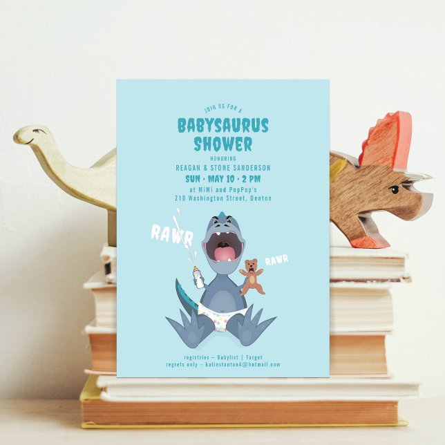Babysaurus T-rex Blå Bebis Shower Inbjudan (Skapare uppladdad)