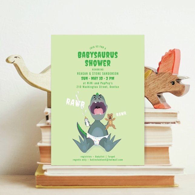 Babysaurus T-rex Green Baby Shower Invitation Inbjudningar (Skapare uppladdad)
