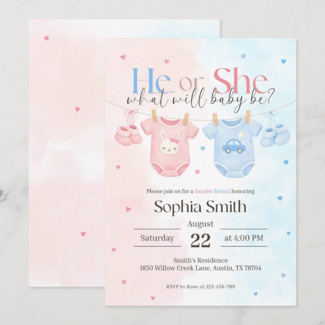 Babyshower Invite, Gender Reveal Invitation Inbjudningar (Fram/baksida)