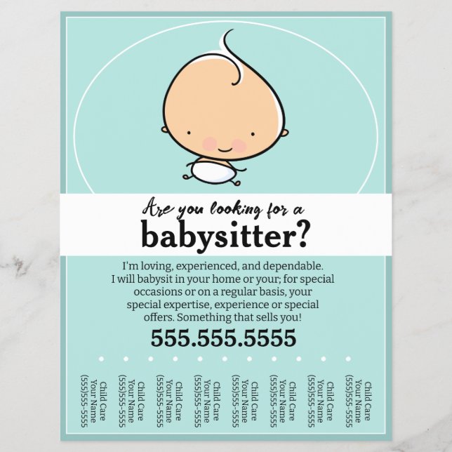 Babysittande, dagvård, barnomsorg, tårtårar lakan reklamblad (Framsidan)