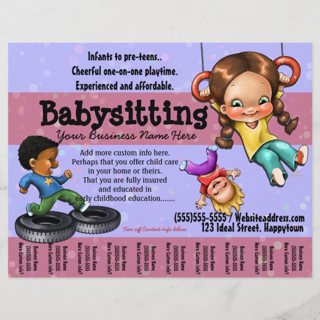 Babysittande. Mall för Anpassade under dagtid Reklamblad (Framsidan)