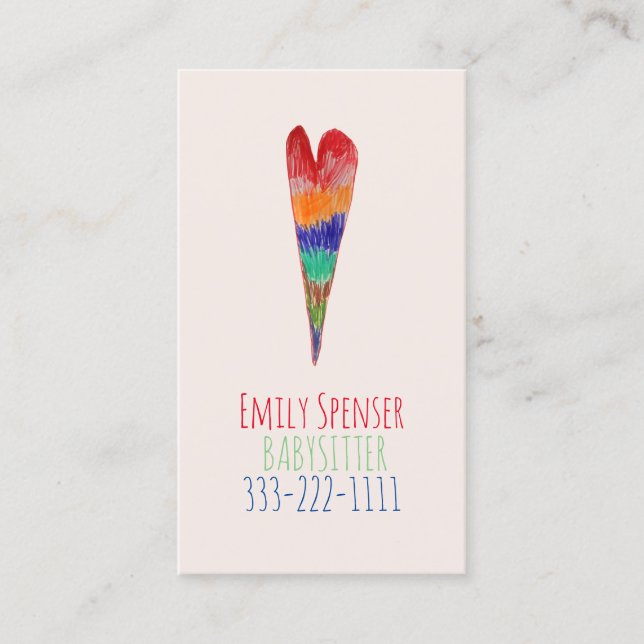 Babysittande och barnvårdsritat hjärtkort visitkort (Framsida)