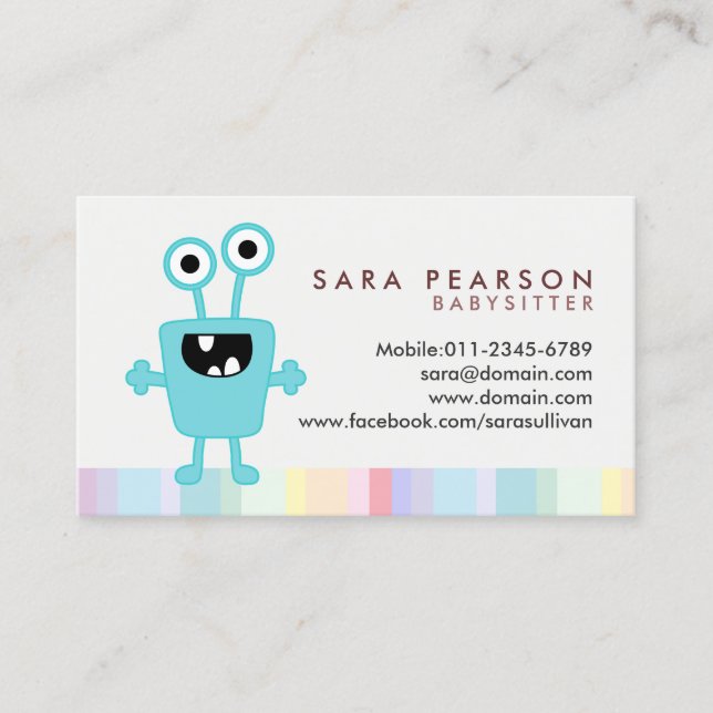 Babysitter Cute Cyan Monster Alien Business Card Visitkort (Framsida)