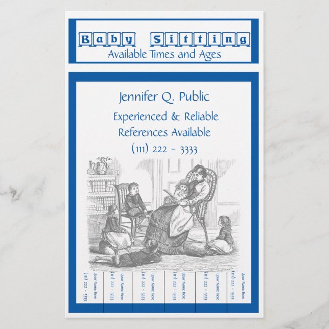 Babysitterreklamblad med handtagflikar brevpapper (Framsida)