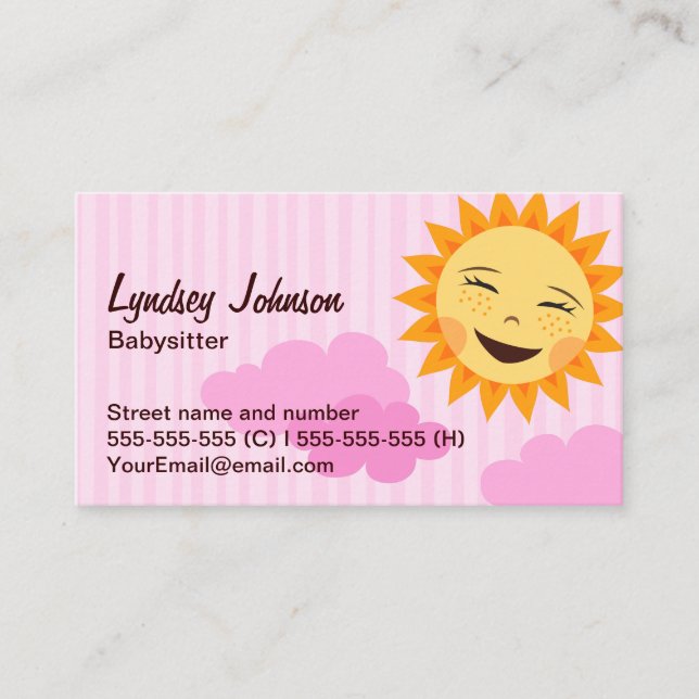 Babysittervisitkort, rosa med den gulliga solen visitkort (Framsida)