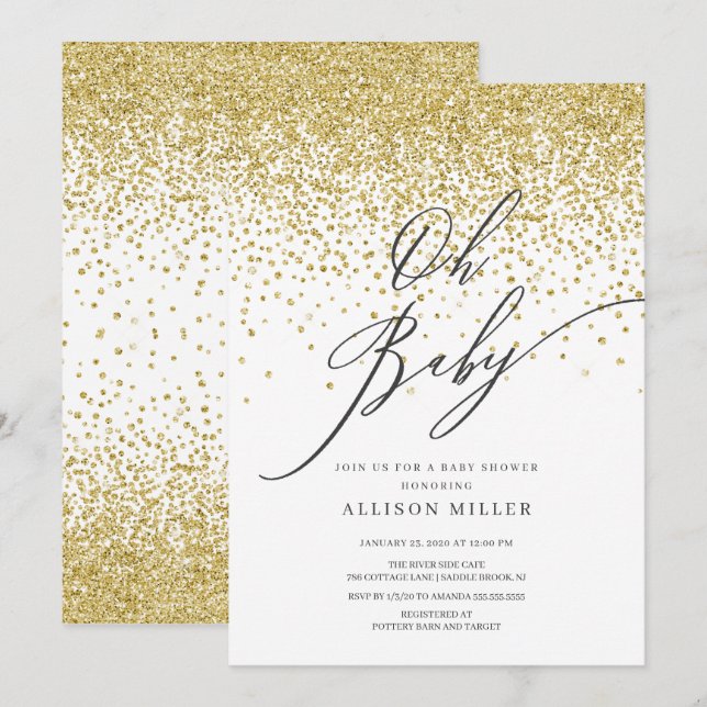 Babyskåda för Modern Oh Baby Guld Glitter Inbjudningar (Fram/baksida)