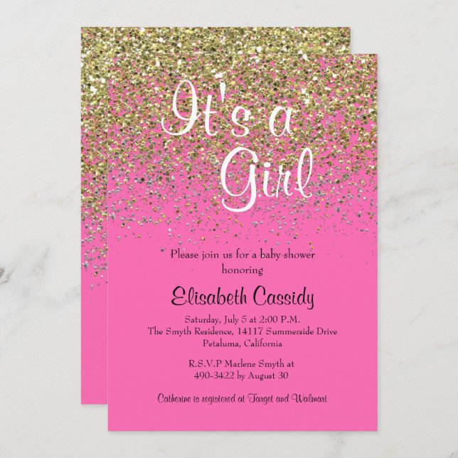 Babyskåda för shock rosa & Guld Glitter i Inbjudan (Fram/baksida)