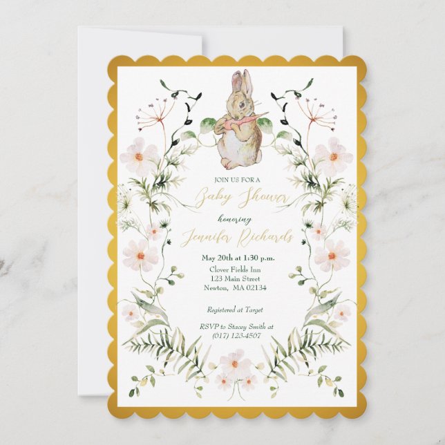 Babyskåda i Guld Blommigt Baby Bunny Baby Shower Inbjudningar (Framsida)