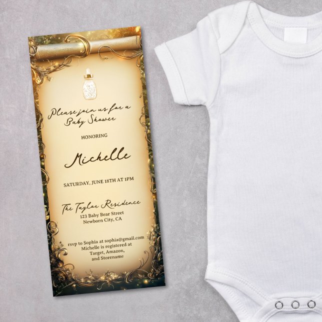 Babyskåpare för Rulla av cute Whimsical-förändrad  Inbjudningar (enchanted forest with baby bottle, gold and green baby shower scroll invitation)