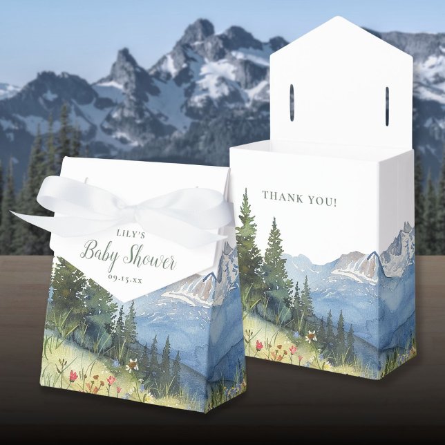 Babyskare för modern Elegant - vattenfärgsberg Presentaskar (Modern Elegant Watercolor Mountain Baby Shower Favor Boxes)