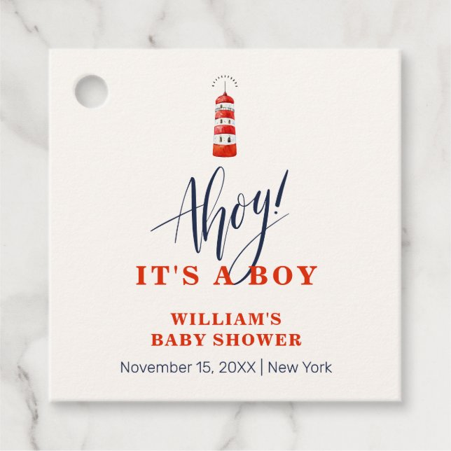 Babyskare för moderna minimalistiska nautiska fyr gåvor etiketter (Framsida)