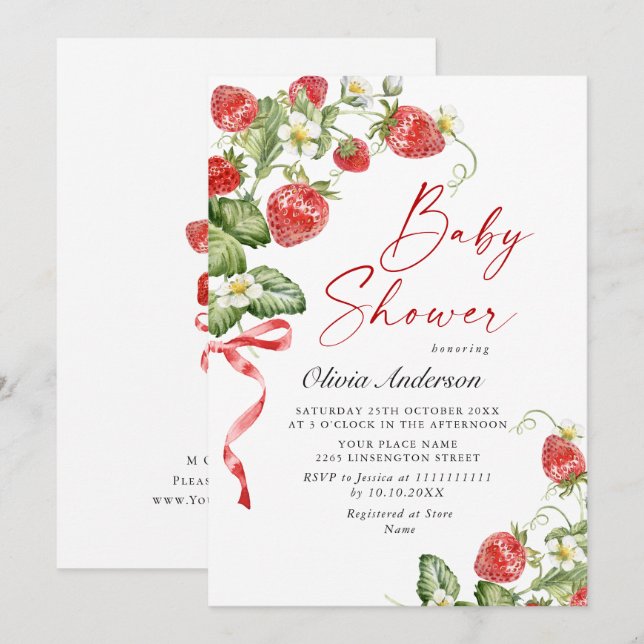 Babyskare för trendig Watercolor Meadow Strawberry Inbjudningar (Fram/baksida)